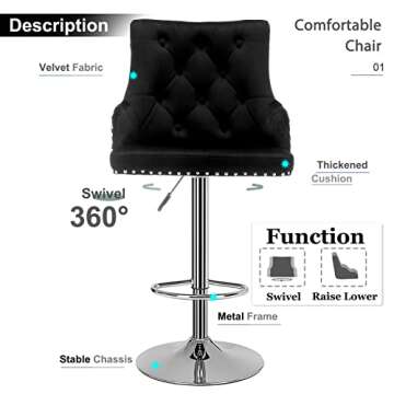 Velvet Adjustable Bar Stool Set of 2 with Tufted Backrest