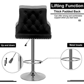 Velvet Adjustable Bar Stool Set of 2 with Tufted Backrest