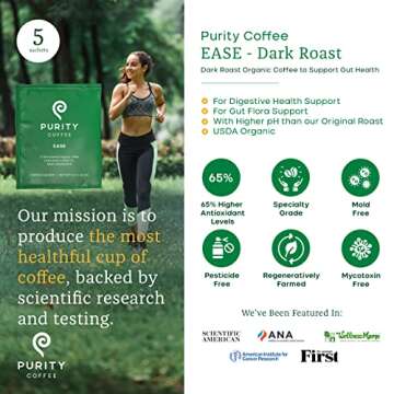 Purity Coffee EASE Dark Roast Low Acid Organic Coffee - USDA Certified Organic Specialty Grade Arabica Single-Serve Packets - Third Party Tested for Mold, Mycotoxins and Pesticides - 5 ct Box