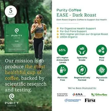 Purity Coffee EASE Dark Roast Low Acid Organic Coffee - USDA Certified Organic Specialty Grade Arabica Single-Serve Packets - Third Party Tested for Mold, Mycotoxins and Pesticides - 5 ct Box