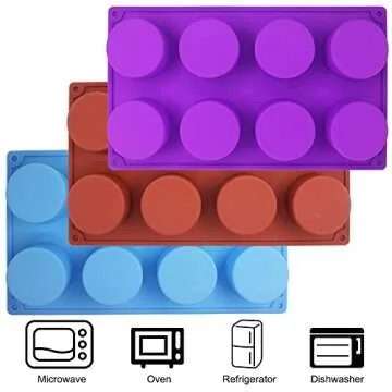 8-Cavity Large Round Silicone Baking Mold, SourceTon 3 Packs of Food Grade Non-Stick Baking Molds for Cake, Candy, Handmade Soap Muffin, Cupcake, Ice Cube