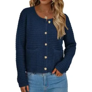 PRETTYGARDEN Women's Knit Cardigan Sweaters Fall Fashion Long Sleeve Open Front Button Down Trendy Casual Sweater Jacket (Navy,Medium)