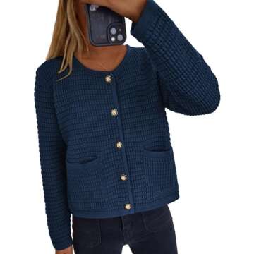 PRETTYGARDEN Women's Knit Cardigan Sweaters Fall Fashion Long Sleeve Open Front Button Down Trendy Casual Sweater Jacket (Navy,Medium)