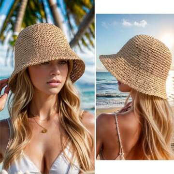 Womens Straw Bucket Hat Wide Brim Summer Beach Hat for Women Foldable Travel Sun Hat Fedora Crochet Straw Hat UPF50+, Khaki