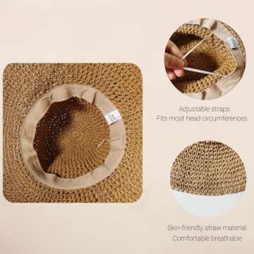 Womens Straw Bucket Hat Wide Brim Summer Beach Hat for Women Foldable Travel Sun Hat Fedora Crochet Straw Hat UPF50+, Khaki