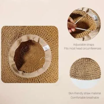 Womens Straw Bucket Hat Wide Brim Summer Beach Hat for Women Foldable Travel Sun Hat Fedora Crochet Straw Hat UPF50+, Khaki