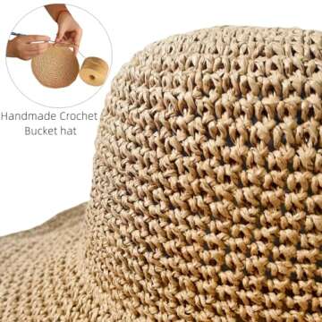 Womens Straw Bucket Hat Wide Brim Summer Beach Hat for Women Foldable Travel Sun Hat Fedora Crochet Straw Hat UPF50+, Khaki