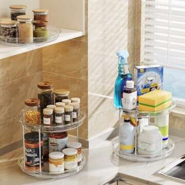 LAMU 2 Pack 2 Tier Lazy Susan Turntable Organizer 9.25'' Rotating Spice Rack Organization for Cabinet, Kitchen, Pantry, Countertop, Bathroom, Medicine Cabinet Organizer, Clear