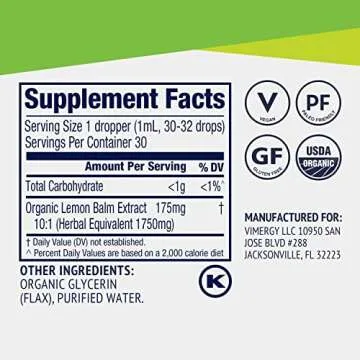Vimergy USDA Organic Lemon Balm Extract, 115 Servings – Supports Calm and Relaxed Feeling– Relief from Occasional Nervous Tension – Alcohol-Free – Gluten Free, Non-GMO, Kosher, Vegan & Paleo (115 ml)