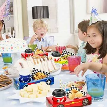 Lincia 12 Pieces Race Car Party Food Boxes Car Birthday Party Supplies Food Trays with Snack and Drinks Boxes and One Pack Checkered Napkin for Birthday Race Themed Supplies