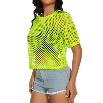 Women's Fishnet Tops Casual Sheer Crop T-Shirt
