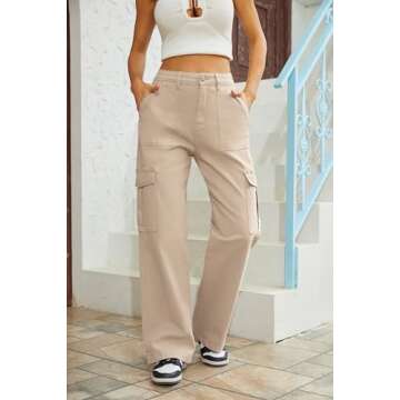 QYANGG High Waist Cargo Pants Women Stretch Baggy Cargo Pants Women Multiple Pockets Relaxed Fit Straight Wide Leg Y2K Pants Khaki