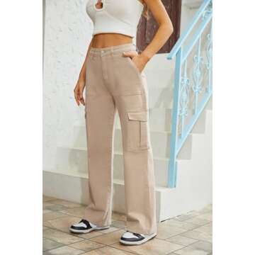 QYANGG High Waist Cargo Pants Women Stretch Baggy Cargo Pants Women Multiple Pockets Relaxed Fit Straight Wide Leg Y2K Pants Khaki