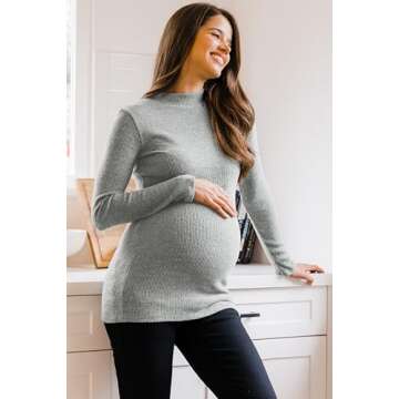 Women's Knit Ribbed Maternity Top with Mock Neck Long Sleeve (Heather Grey, M)