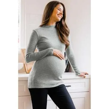 Women's Knit Ribbed Maternity Top with Mock Neck Long Sleeve (Heather Grey, M)