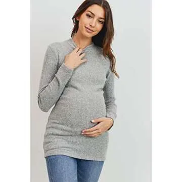 Women's Knit Ribbed Maternity Top with Mock Neck Long Sleeve (Heather Grey, M)