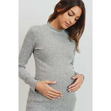 Women's Knit Ribbed Maternity Top with Mock Neck Long Sleeve (Heather Grey, M)
