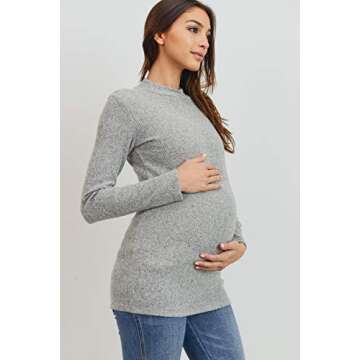 Women's Knit Ribbed Maternity Top with Mock Neck Long Sleeve (Heather Grey, M)