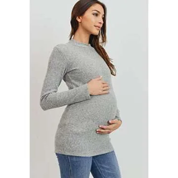 Women's Knit Ribbed Maternity Top with Mock Neck Long Sleeve (Heather Grey, M)