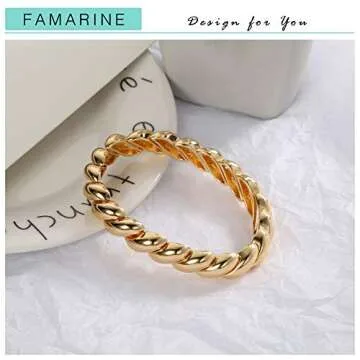 FAMARINE Chunky Bracelet Twisted Bangle Bracelet for Women, Vintage Minimalist Wide Charm Bangle Couples Love Bracelets, 14K Gold Plated