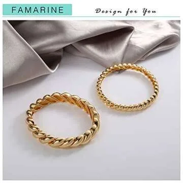 FAMARINE Chunky Bracelet Twisted Bangle Bracelet for Women, Vintage Minimalist Wide Charm Bangle Couples Love Bracelets, 14K Gold Plated
