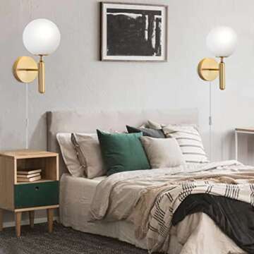 Gold Plug in Wall Sconces Set of 2 with Glass Globe Shade, 3-Color Plug in Wall Lamp with 6.4Ft Cord...