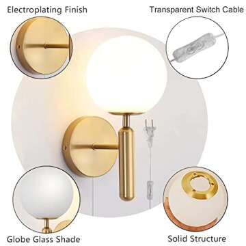 Gold Plug in Wall Sconces Set of 2 with LED Bulbs