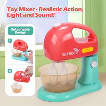 CUTE STONE Toy Kitchen Appliances Playset, Kids Kitchen Toy Mixer and Blender with Sound & Lights, Play Toaster, Cutting Play Food, Toddler Play Kitchen Accessories Set for Boys Girls