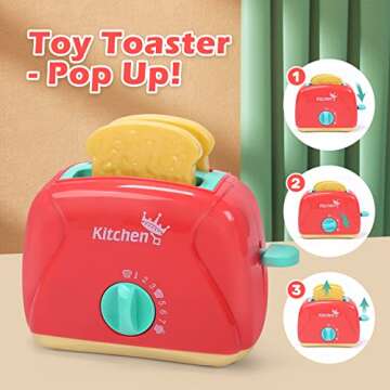 CUTE STONE Toy Kitchen Appliances Playset, Kids Kitchen Toy Mixer and Blender with Sound & Lights, Play Toaster, Cutting Play Food, Toddler Play Kitchen Accessories Set for Boys Girls