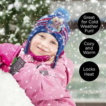 Disney Girls' Little Frozen Winter Hat and Kids Gloves Set, Elsa and Anna Beanie, Blue/Pink, Age 4-7