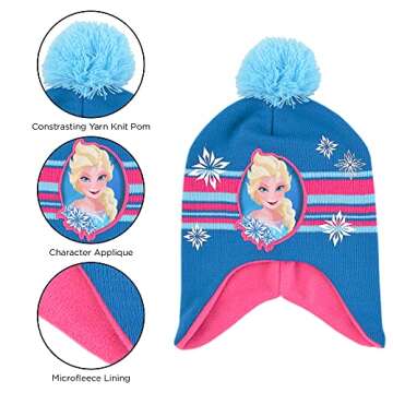 Disney Girls' Little Frozen Winter Hat and Kids Gloves Set, Elsa and Anna Beanie, Blue/Pink, Age 4-7
