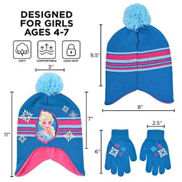 Disney Girls' Little Frozen Winter Hat and Kids Gloves Set, Elsa and Anna Beanie, Blue/Pink, Age 4-7