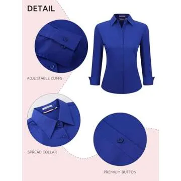Womens Button Down Shirts Long Sleeve Regular Fit Basic Simple Stretch Work Blouse Royal Blue S