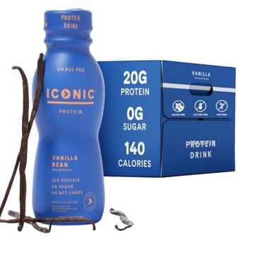 Iconic Protein Drinks, Vanilla Bean (12 Pack) - Sugar Free & Low Carb - 20g Grass Fed Protein - Lact...