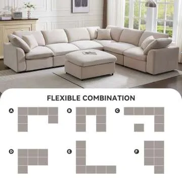 Siiejia Modular Sectional Sofa Modern Oversized Chenille Cloud Couch with Movable Ottoman 7 Seater L-Shaped Sofas Comfy Couches for Living Room Spacious Space Office Lounge, Beige