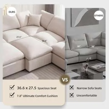 Siiejia Modular Sectional Sofa Modern Oversized Chenille Cloud Couch with Movable Ottoman 7 Seater L-Shaped Sofas Comfy Couches for Living Room Spacious Space Office Lounge, Beige