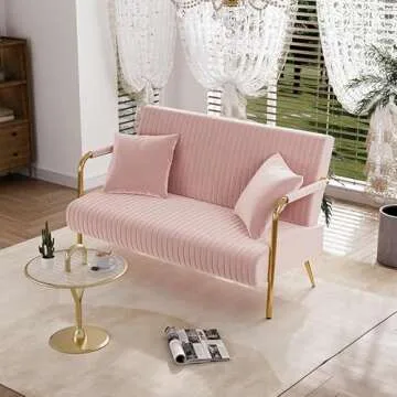 DAMAIFROM Modern Velvet Loveseat Sofa, Upholstered Pleated Velvet Couch, Mid Century 2 Seater Sofa with Gold Metal Legs, Comfy Love Seat Small Couches for Living Room, Small Spaces (Pink)