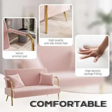 DAMAIFROM Modern Velvet Loveseat Sofa, Upholstered Pleated Velvet Couch, Mid Century 2 Seater Sofa with Gold Metal Legs, Comfy Love Seat Small Couches for Living Room, Small Spaces (Pink)