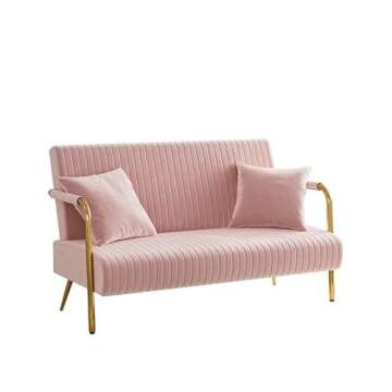 DAMAIFROM Modern Velvet Loveseat Sofa, Upholstered Pleated Velvet Couch, Mid Century 2 Seater Sofa with Gold Metal Legs, Comfy Love Seat Small Couches for Living Room, Small Spaces (Pink)