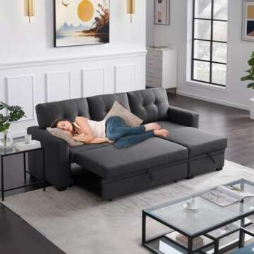 Yafylly L Shape Sleeper Sofa Bed with Storage, Large Full Size Pull Out Sectional Couch, Futon Chais...