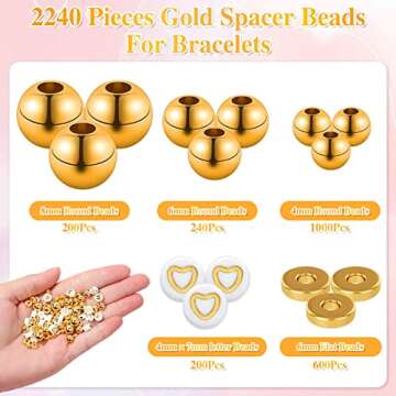 2240 Pieces Gold Spacer Beads and Gold Letter Beads for Bracelets Making, Gold Bracelet Beads Include Round Beads, Flat Spacer Beads and Alphabet Beads for Bracelets and Jewelry Making