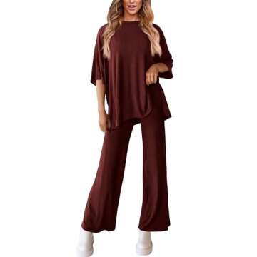 PRETTYGARDEN Women's 2 Piece Outfits Casual Short Sleeve Pullover Tops and Wide Leg Pants Lounge Sets Tracksuits (Wine Red,X-Large)