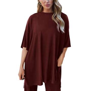 PRETTYGARDEN Women's 2 Piece Outfits Casual Short Sleeve Pullover Tops and Wide Leg Pants Lounge Sets Tracksuits (Wine Red,X-Large)