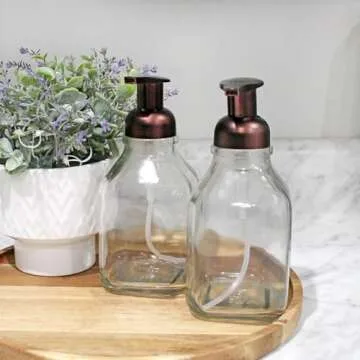 Cornucopia Brands 16-Ounce Square Glass Foaming Soap Dispensers (2-Pack, Clear Bottle w/Bronze Color...