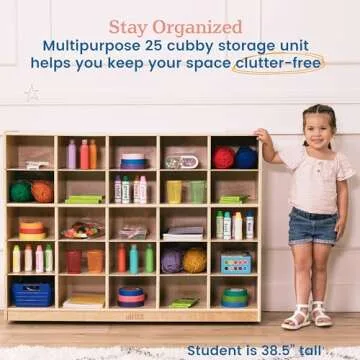 ECR4Kids 25 Cubby Mobile Tray Storage Cabinet, 5x5, Classroom Furniture, Natural