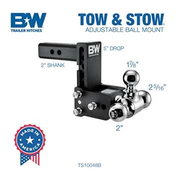 B&W Trailer Hitches Tow & Stow Adjustable Trailer Hitch Ball Mount - Fits 2" Receiver, Tri-Ball (1-7...