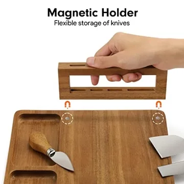 Easoger Acacia Cheese Tray and Magnetic Knife Holder - 14" x 11" Large Charcuterie Board Set for House Warming, Anniversary, Christmas, Thanksgiving