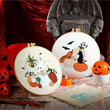 5 Sets Beginner Fall Embroidery Kit with Hoops & More