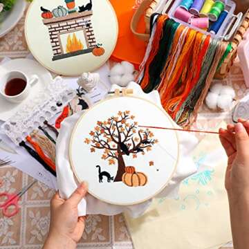 5 Sets Beginner Fall Embroidery Kit with Hoops & More