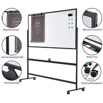 Large Dry-Erase Rolling Magnetic Whiteboard - 48 x 32 Inches Dry Erase Board with Stand Height Adjust Double Sides Mobile White Board Easel on Wheels with 25 Sheets Paper Pad Office, Home & Classroom